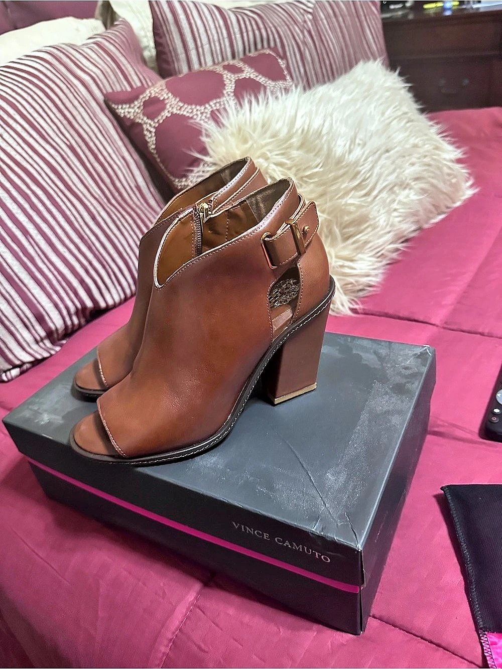 Vince Camuto Fedrilla Block Heel Peep-Toe Bootie Fedrilla Brown Open-Toe Block